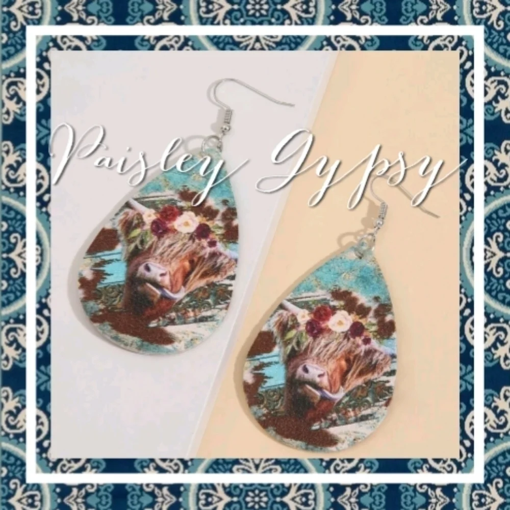 Boho Cow Design Tear Drop Dangling Earrings